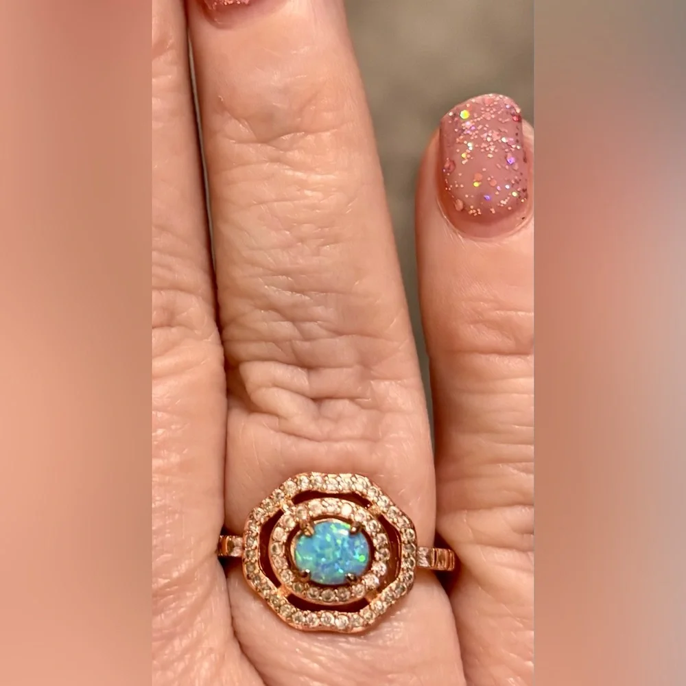 💙 Rose Gold Blue Fire Opal Bomb Party Ring - Picture 3 of 8